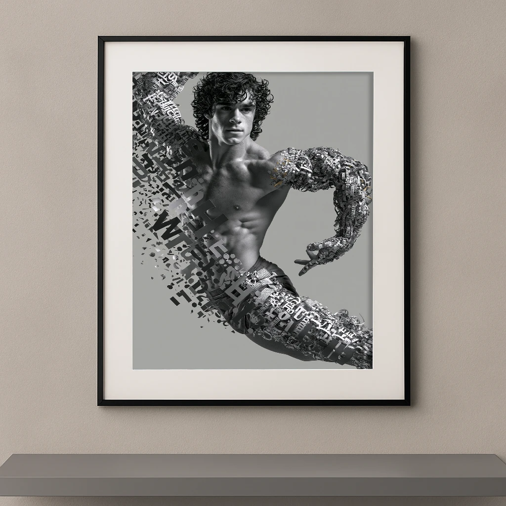 Corps de Lettres, homme en mouvement dont le corps se transforme en fragments typographiques