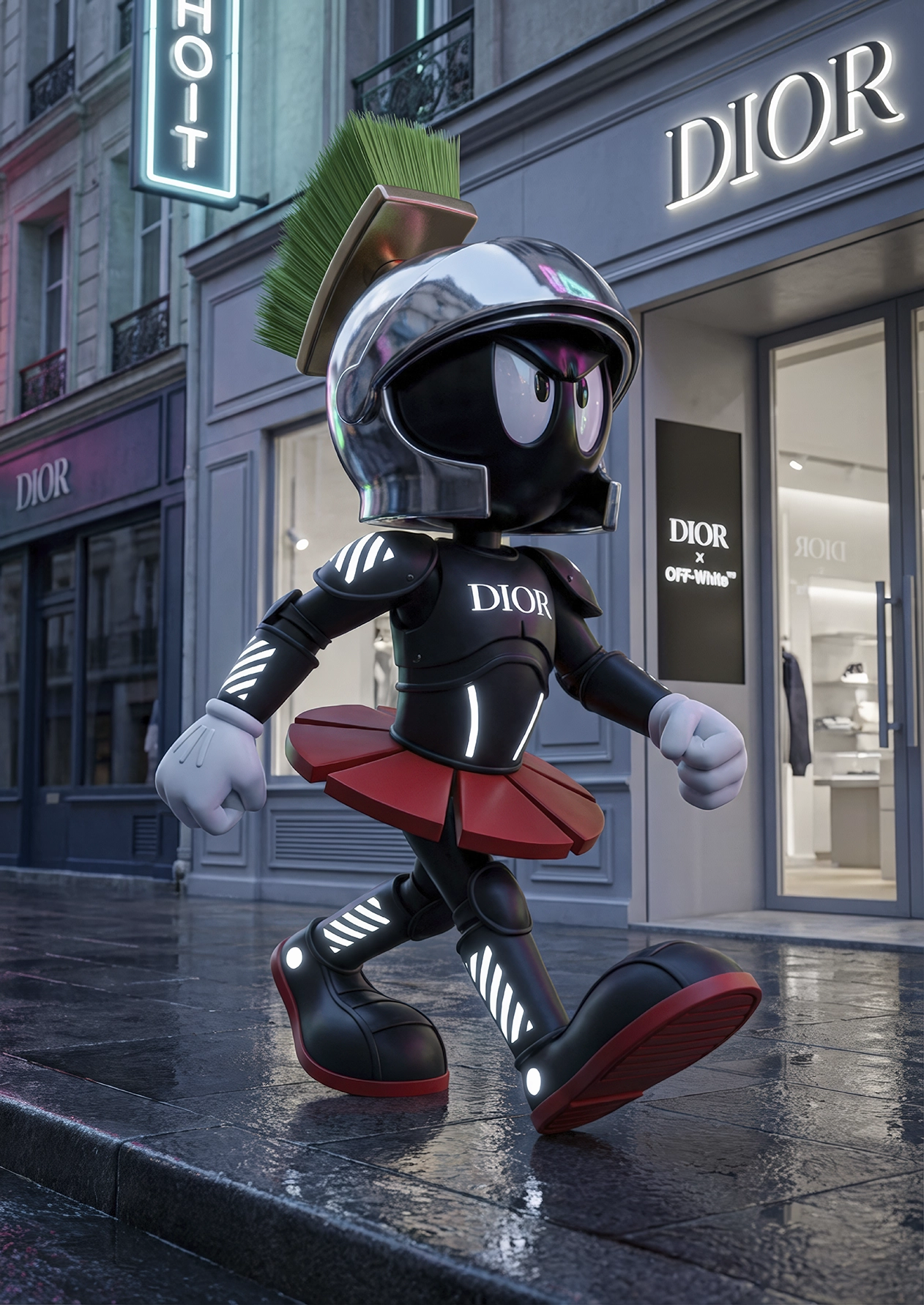 Cosmic Toon – Couture Street, figure pop futuriste dans une rue parisienne nocturne, art mural premium