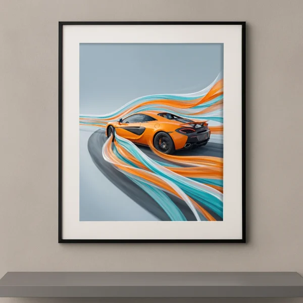 Tableau Courbes de Vitesse représentant une McLaren orange entourée de rubans fluides turquoise, blancs et orange symbolisant la vitesse et l'aérodynamisme.