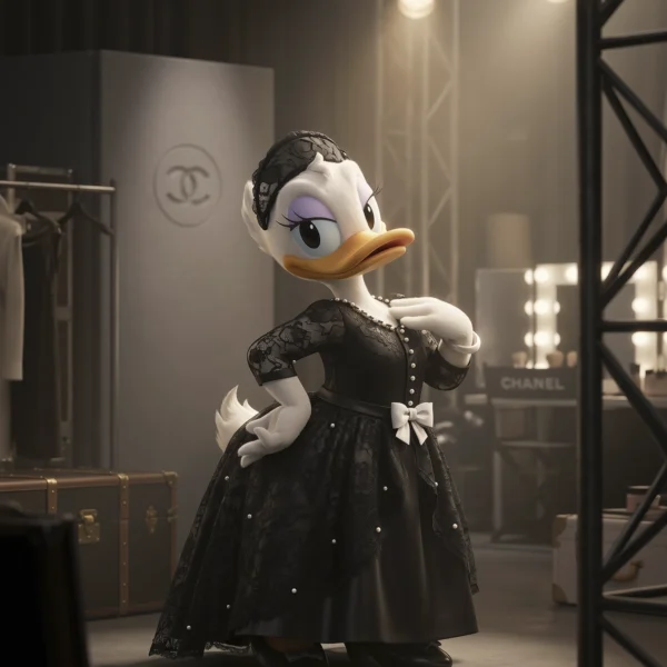 Couture Duck – Backstage Diva, canard diva en robe noire dans une ambiance backstage de mode, art mural premium