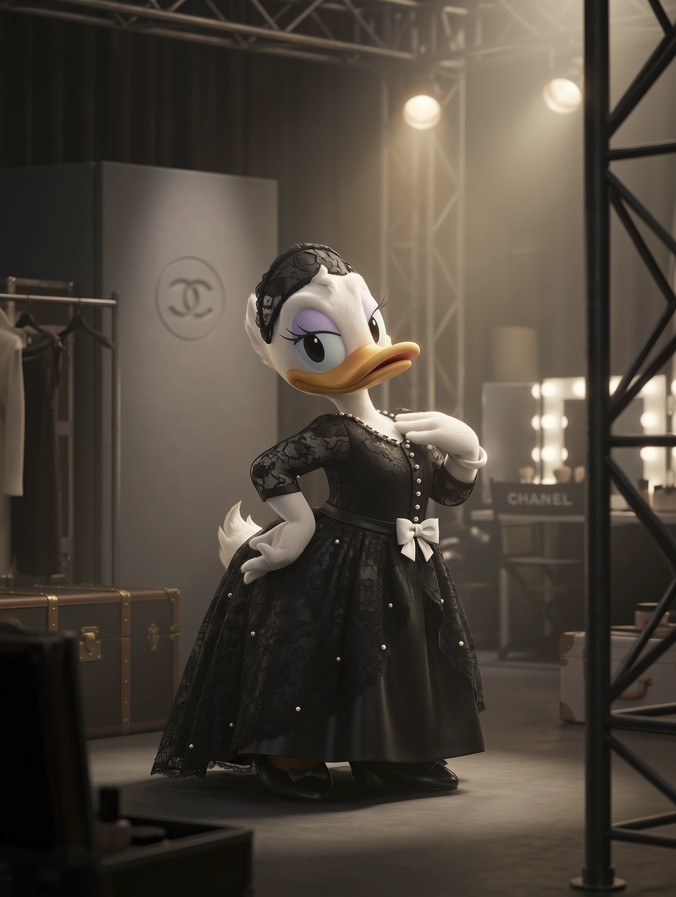 Couture Duck – Backstage Diva, canard diva en robe noire dans une ambiance backstage de mode, art mural premium