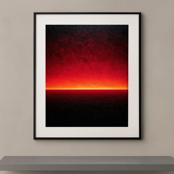 Tableau contemporain Crépuscule Écarlate représentant un ciel rouge incandescent au-dessus d'une mer noire dans une composition minimaliste.