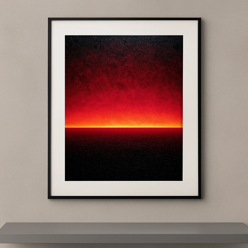 Tableau contemporain Crépuscule Écarlate représentant un ciel rouge incandescent au-dessus d'une mer noire dans une composition minimaliste.