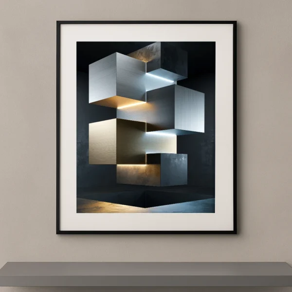 Composition de cubes métalliques suspendus dans une lumière contemporaine.