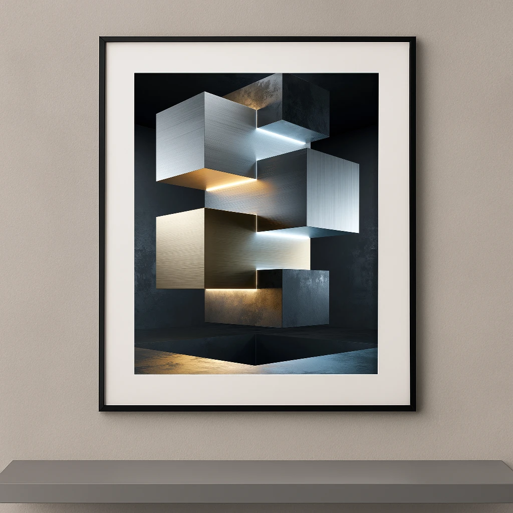 Composition de cubes métalliques suspendus dans une lumière contemporaine.