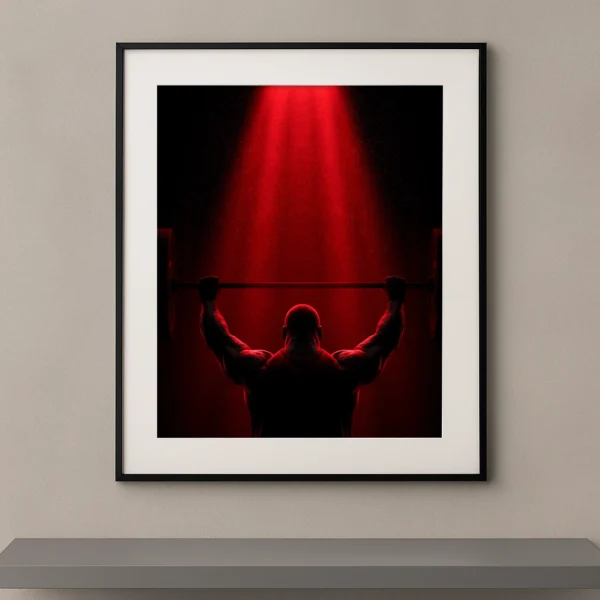 Tableau mural silhouette d'un athlète en plein développé haltères sous une lumière rouge intense
