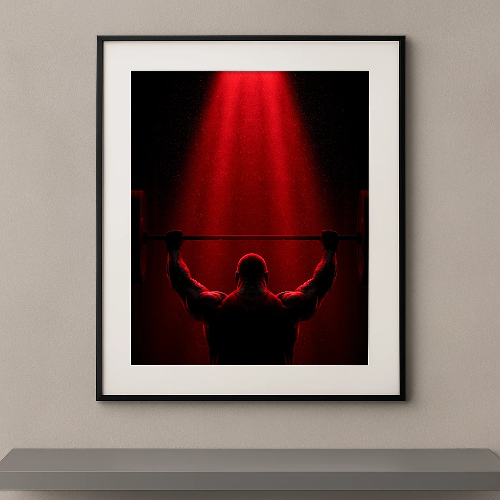 Tableau mural silhouette d'un athlète en plein développé haltères sous une lumière rouge intense