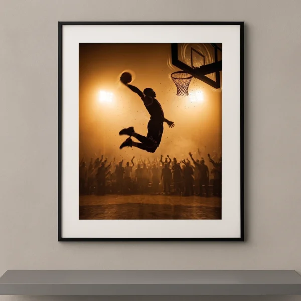 Tableau mural silhouette de basketteur en plein dunk sous une lumière chaude de stade