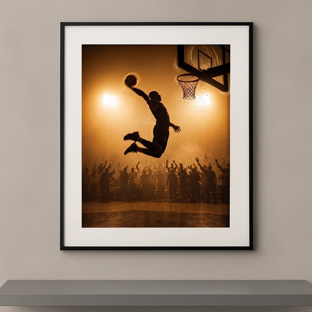 Tableau mural silhouette de basketteur en plein dunk sous une lumière chaude de stade