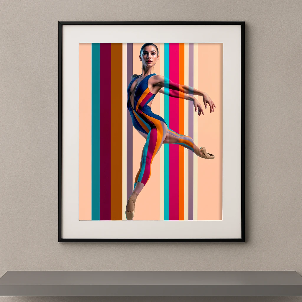 Danse Verticale, danseuse contemporaine en mouvement devant des bandes verticales multicolores