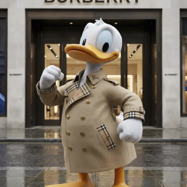 Dapper Duck – British Couture, canard pop luxe en trench beige tartan devant une boutique de mode parisienne, art mural premium