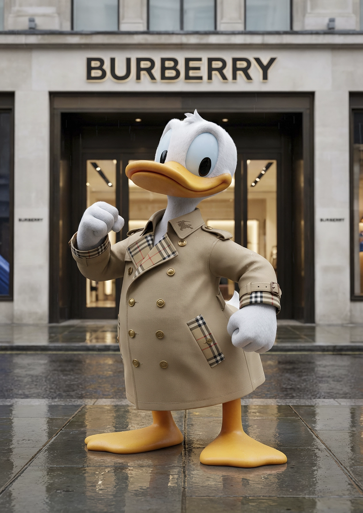 Dapper Duck – British Couture, canard pop luxe en trench beige tartan devant une boutique de mode parisienne, art mural premium