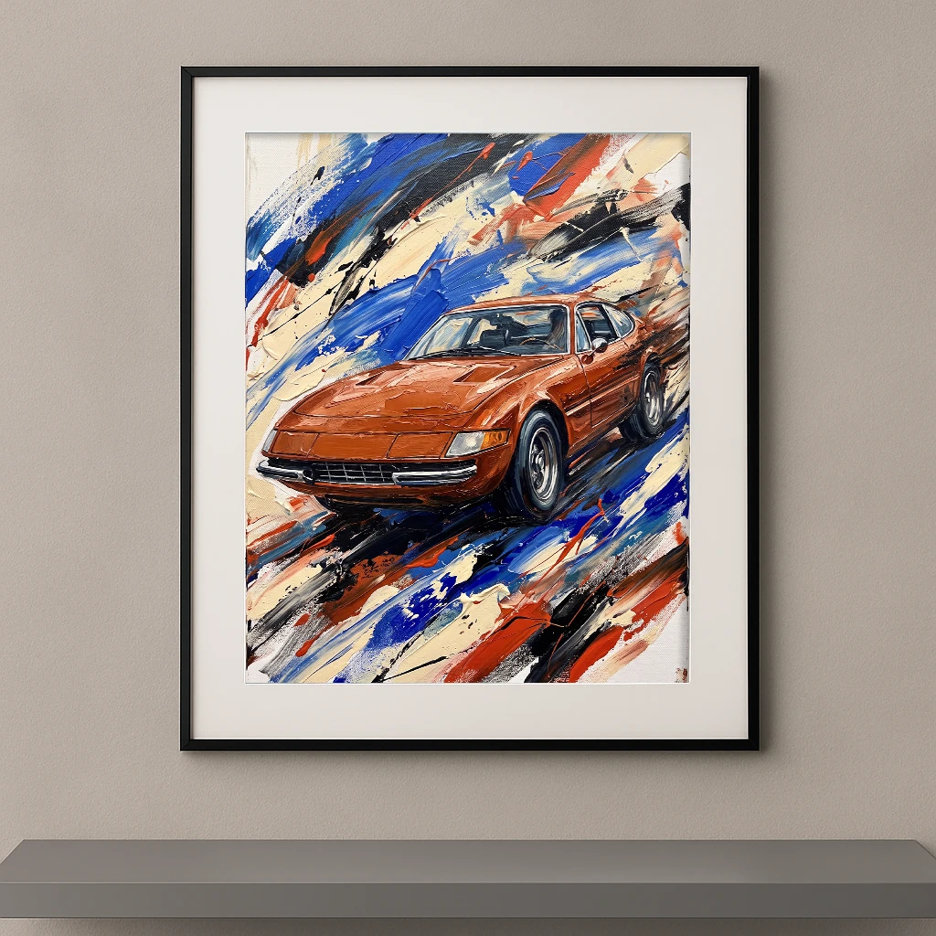 Tableau automobile Daytona en Mouvement représentant une Ferrari Daytona cuivrée dans une composition picturale dynamique aux larges coups de pinceau bleus, rouges, noirs et blancs.