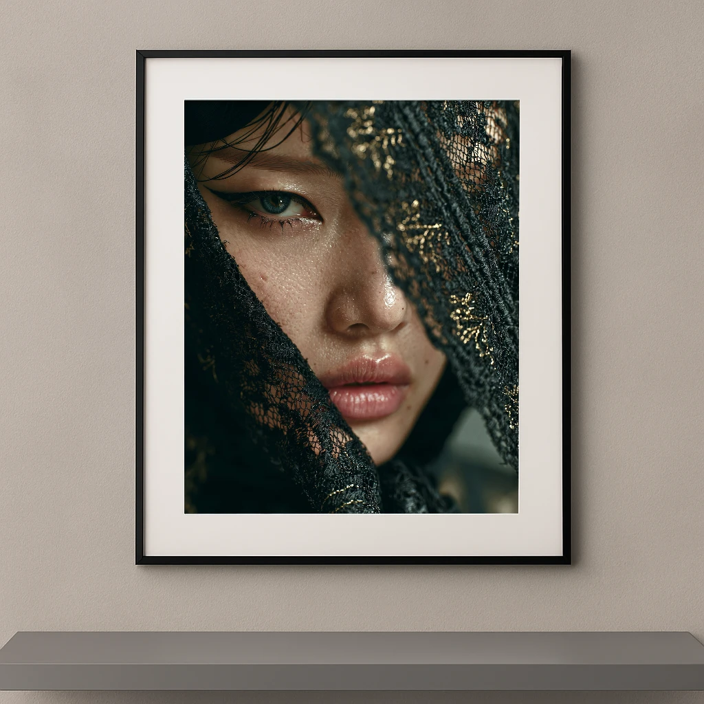 Portrait artistique d'une femme au regard intense derrière une dentelle noire brodée d'or dans un style photographique contemporain.