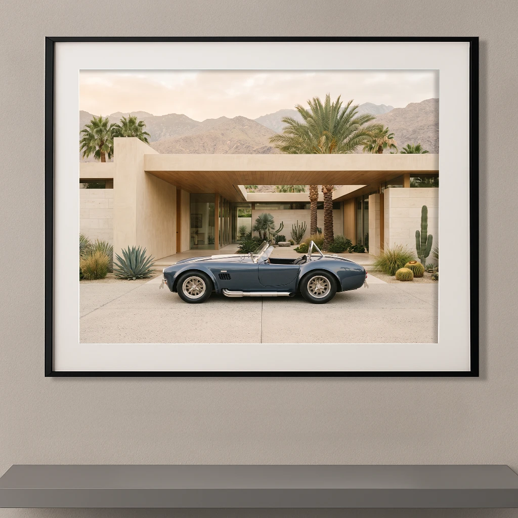 Shelby Cobra bleu acier devant une villa contemporaine dans un paysage désertique, photographie Fine Art.