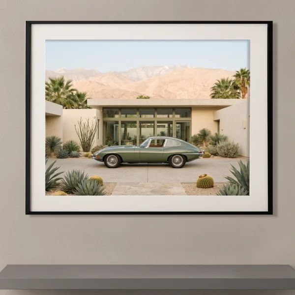 Jaguar Type E vert olive devant une villa contemporaine au cœur d'un paysage désertique, photographie Fine Art.