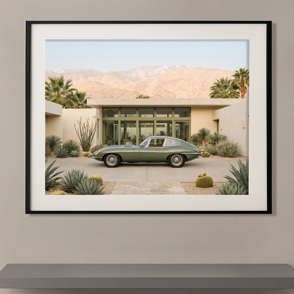 Jaguar Type E vert olive devant une villa contemporaine au cœur d'un paysage désertique, photographie Fine Art.