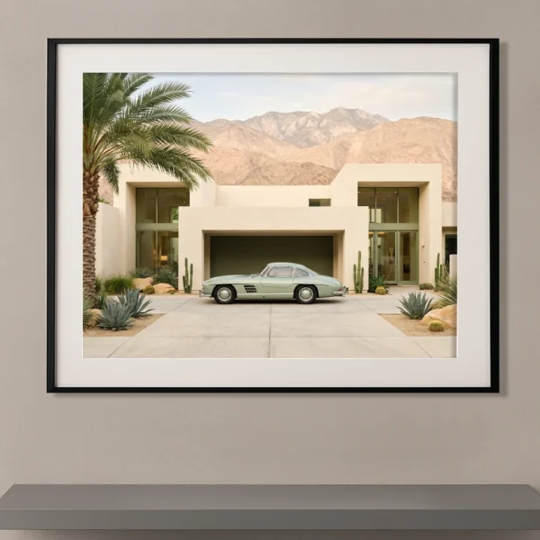 Mercedes-Benz 300 SL Gullwing argentée devant une villa contemporaine dans un paysage désertique, photographie Fine Art.