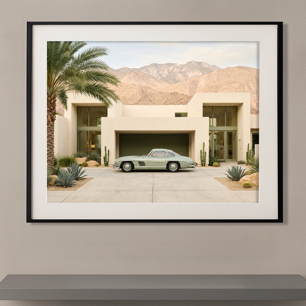 Mercedes-Benz 300 SL Gullwing argentée devant une villa contemporaine dans un paysage désertique, photographie Fine Art.