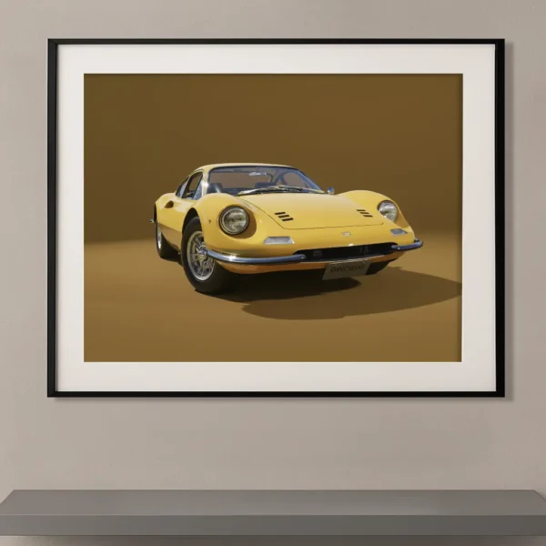 Tableau Ferrari Dino 246 GT jaune sur fond monochrome safran dans une composition minimaliste mettant en valeur les lignes emblématiques de cette voiture de collection italienne.