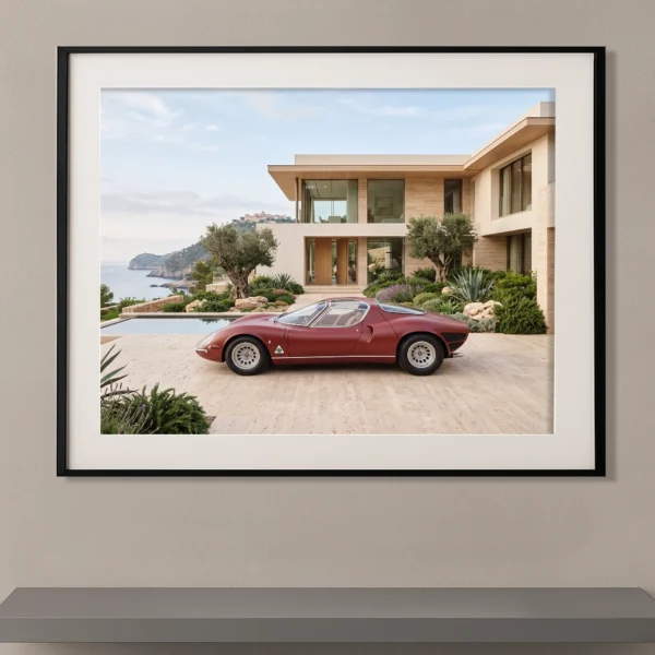 Alfa Romeo 33 Stradale rouge stationnée devant une villa contemporaine avec piscine face à la Méditerranée, photographie Fine Art.