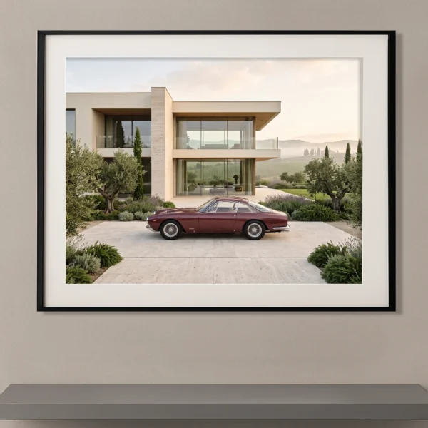 Ferrari 250 GT Lusso bordeaux devant une villa contemporaine au cœur des collines toscanes, photographie Fine Art.