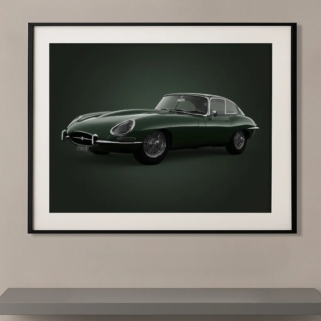 Tableau Jaguar Type E vert British Racing Green sur fond vert foncé minimaliste mettant en valeur les lignes emblématiques de cette voiture de collection britannique.