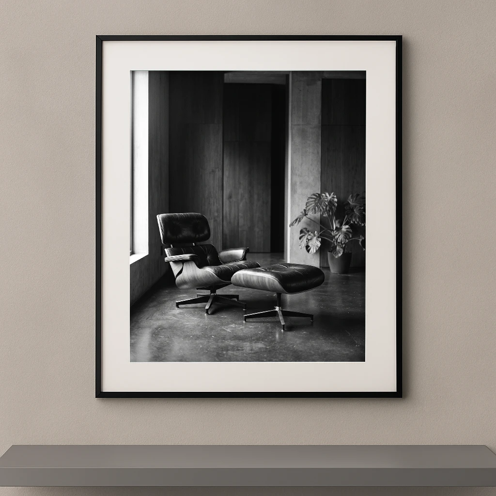 Tableau noir et blanc d'un fauteuil Eames Lounge Chair dans un intérieur brutaliste