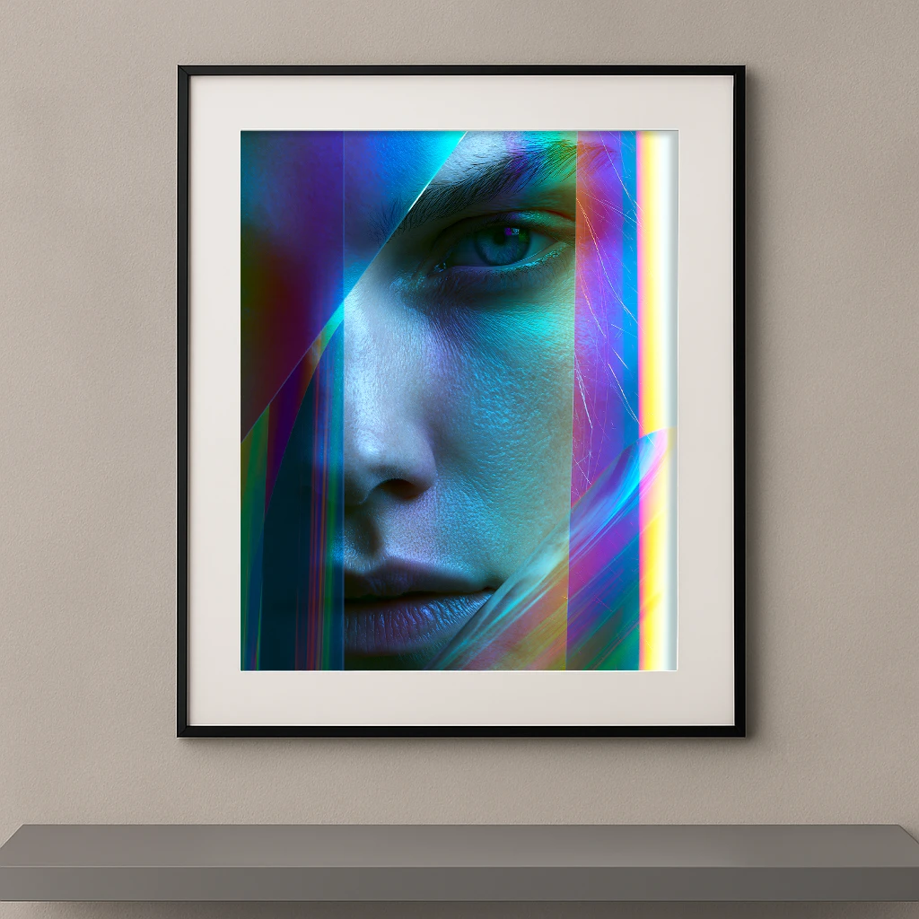 Tableau portrait féminin fragmenté par des éclats transparents et des lignes lumineuses cyan, orange et violettes