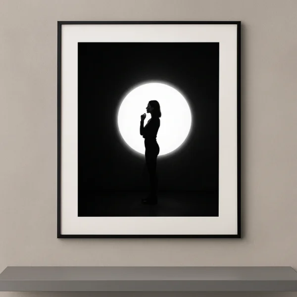 Tableau noir et blanc d’une silhouette féminine devant un grand cercle lumineux blanc