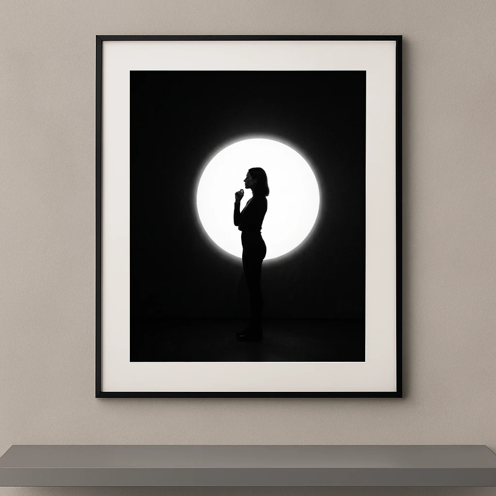 Tableau noir et blanc d’une silhouette féminine devant un grand cercle lumineux blanc