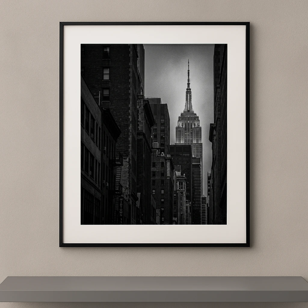 Tableau noir et blanc de l’Empire State Building encadré par les immeubles de Manhattan