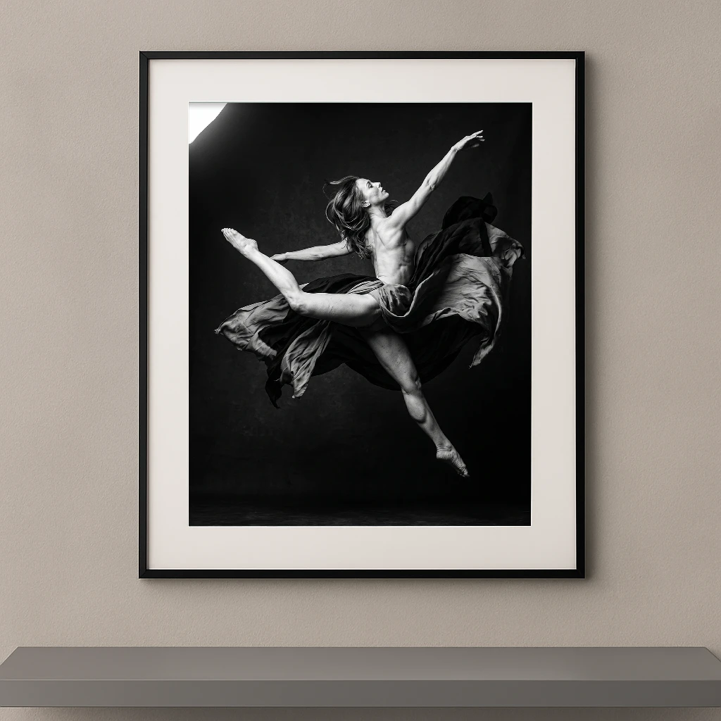 Tableau noir et blanc d'une danseuse en plein saut entourée d'un tissu en mouvement
