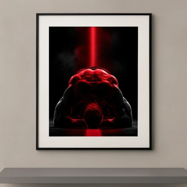Tableau mural silhouette sculpturale d'un athlète en étirement profond sous une lumière rouge verticale