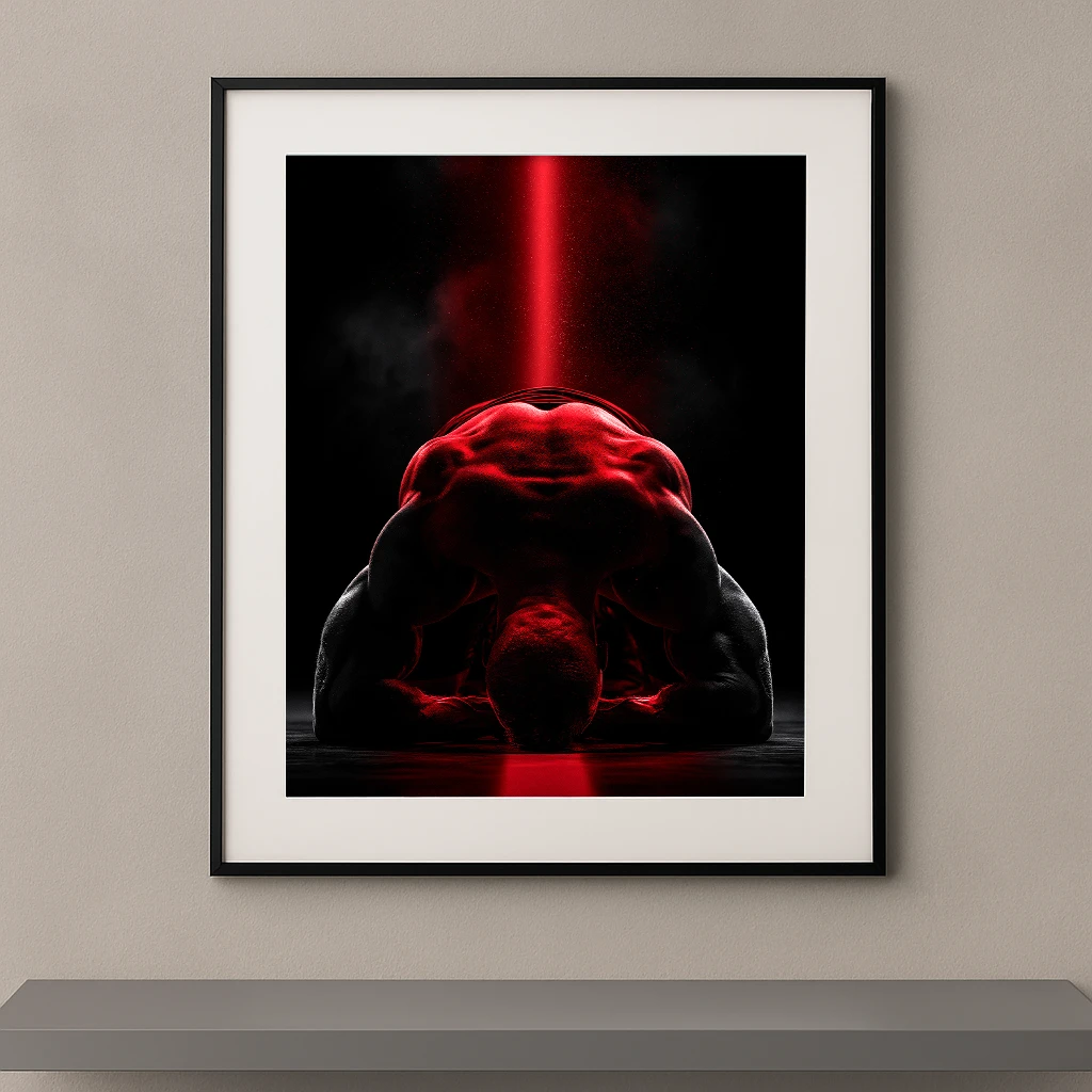Tableau mural silhouette sculpturale d'un athlète en étirement profond sous une lumière rouge verticale