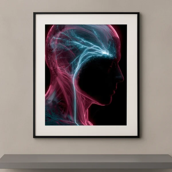 Éveil Synaptique, silhouette humaine traversée par un réseau neuronal lumineux rose et bleu