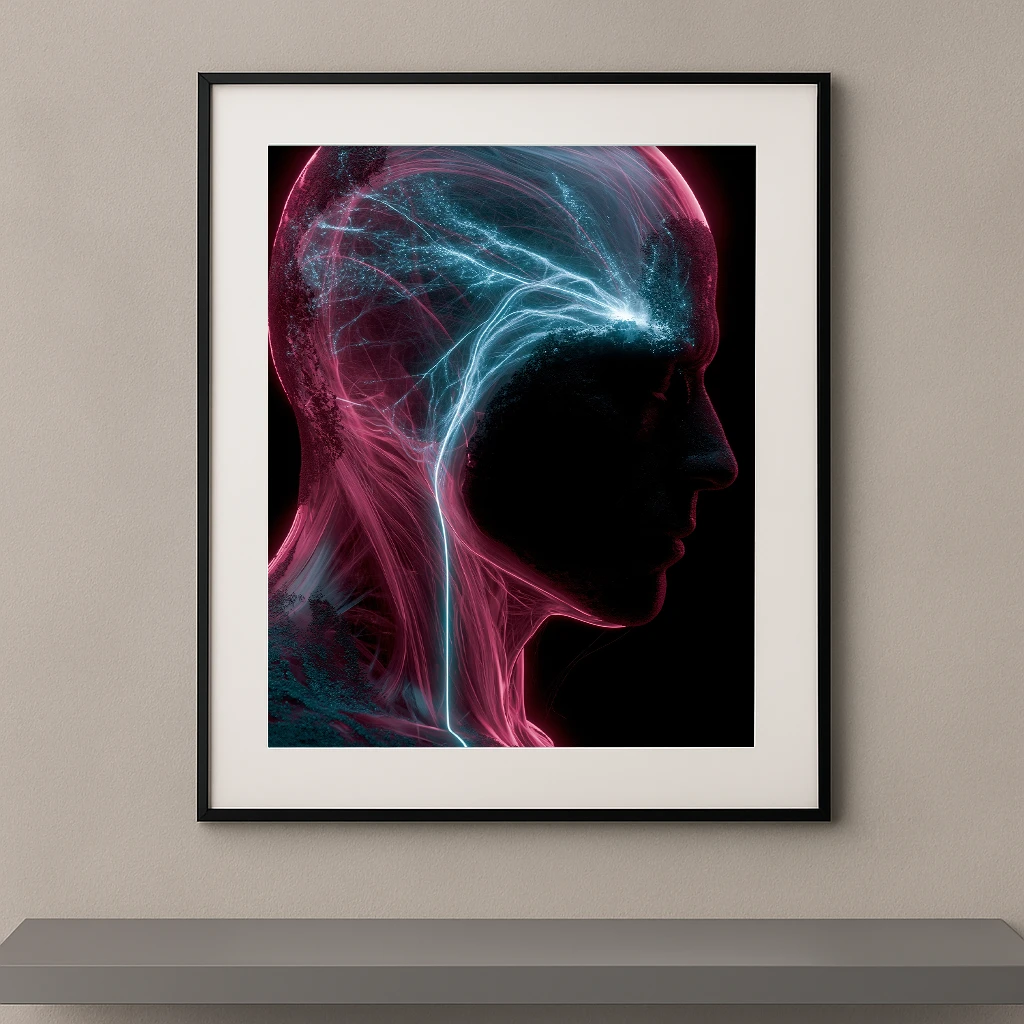 Éveil Synaptique, silhouette humaine traversée par un réseau neuronal lumineux rose et bleu