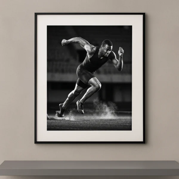 Tableau noir et blanc d’un sprinteur jaillissant des starting-blocks