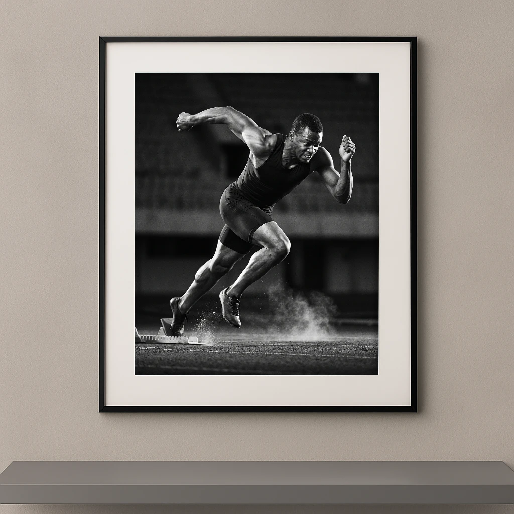Tableau noir et blanc d’un sprinteur jaillissant des starting-blocks