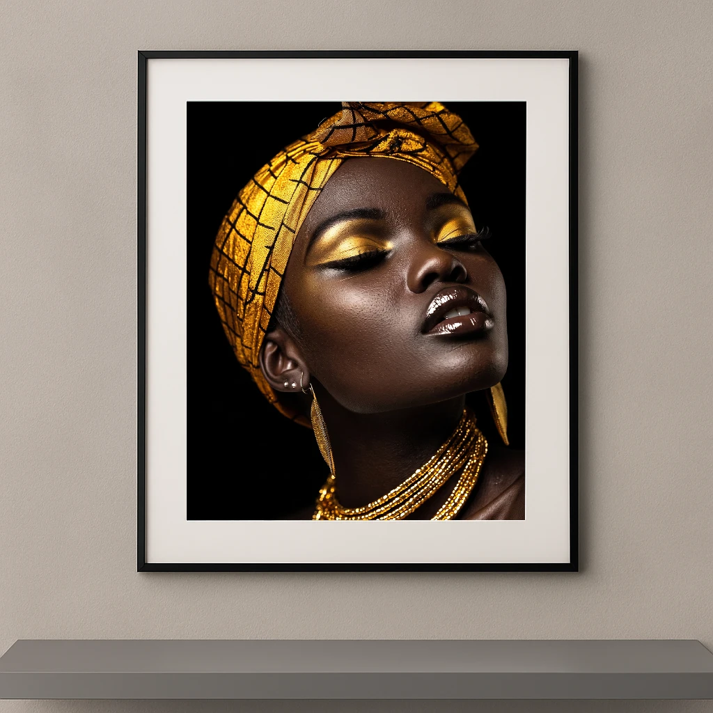 Portrait artistique d'une femme africaine portant un turban doré, un maquillage or et des bijoux raffinés sur fond noir.