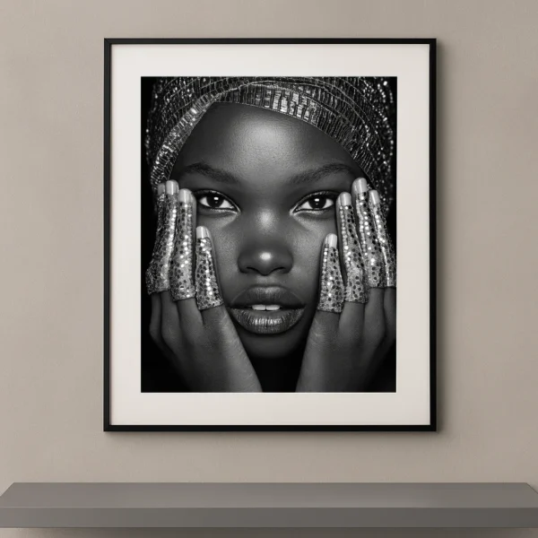 Portrait artistique noir et blanc de beauté ethnique avec accessoires argentés scintillants, regard intense et photographie contemporaine.