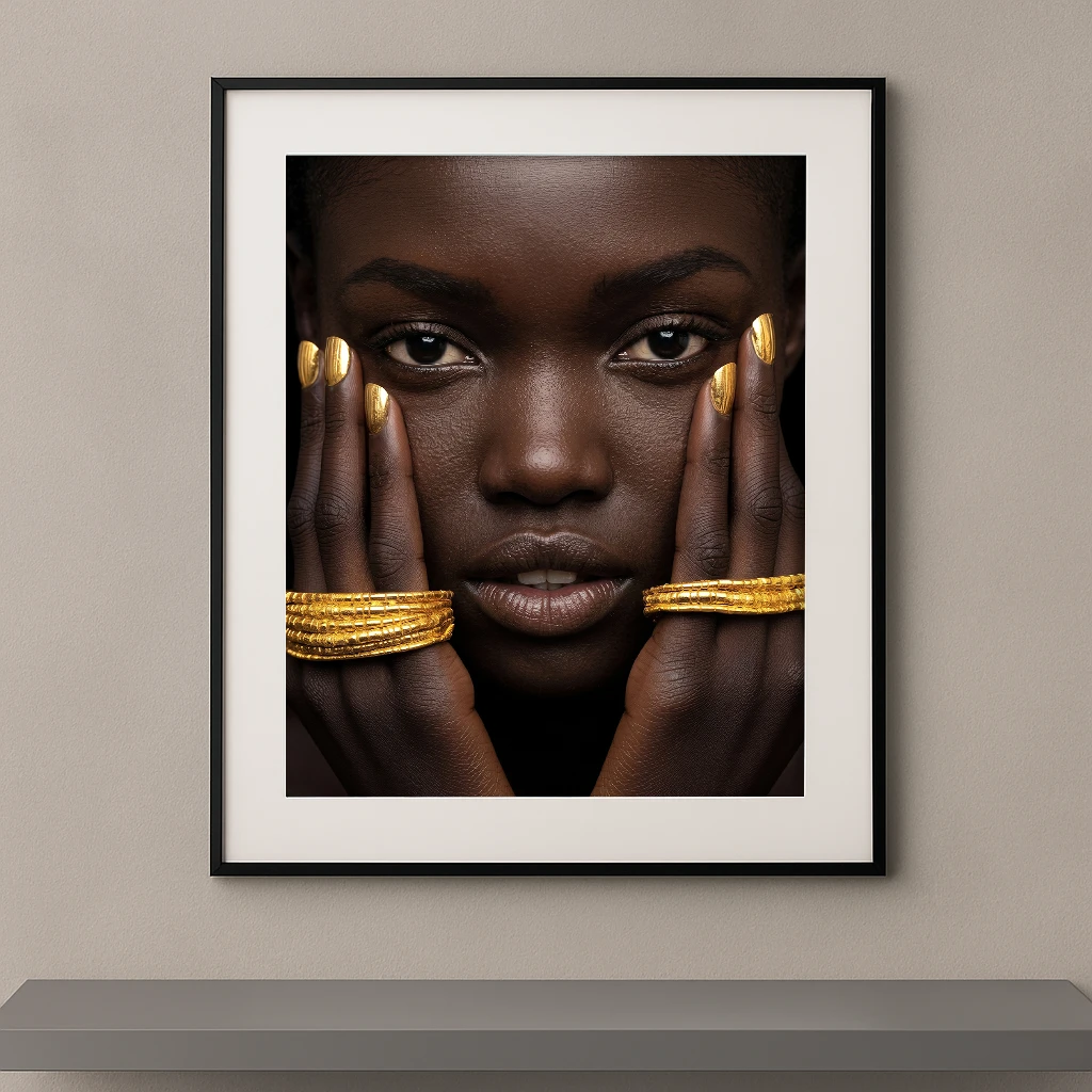 Portrait artistique de beauté ethnique contemporaine avec bijoux dorés, regard intense et composition photographique minimaliste sur fond noir.