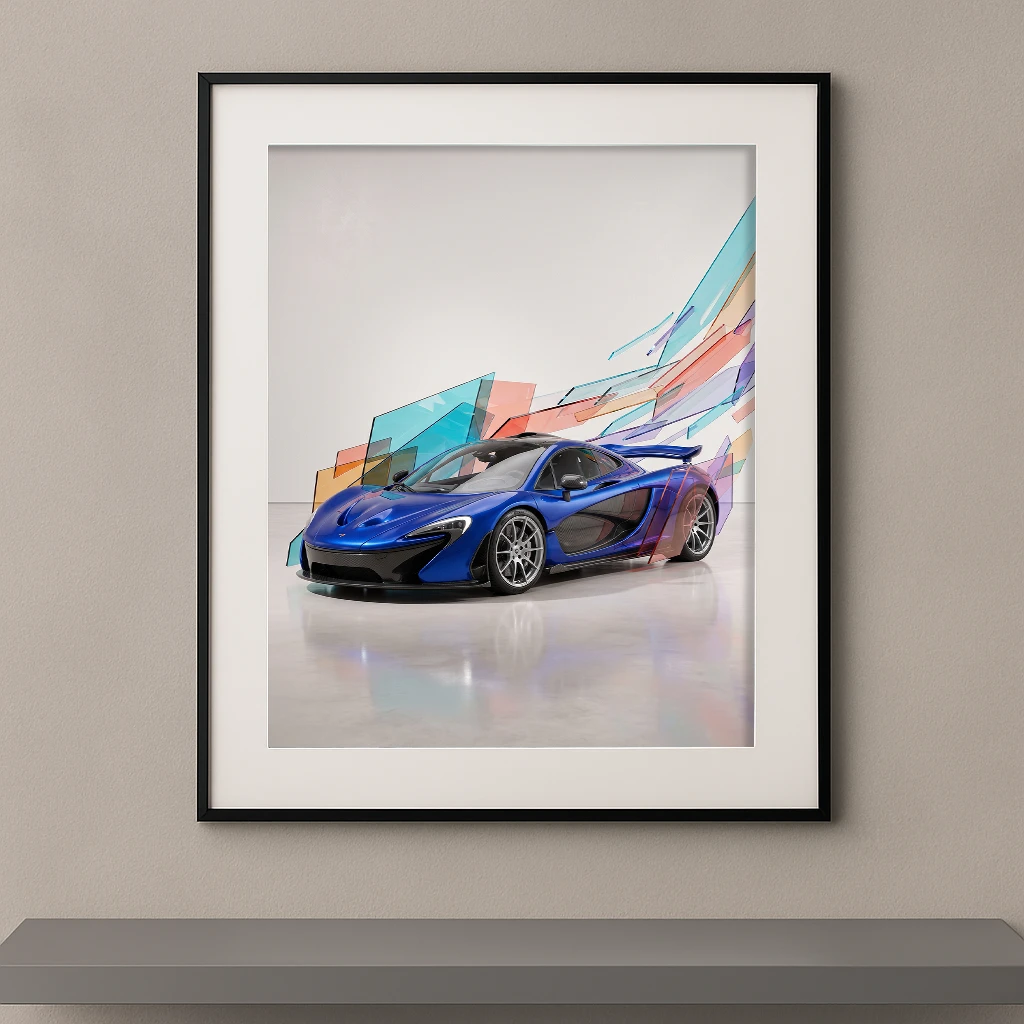 Tableau Élan Chromatique représentant une McLaren P1 bleue entourée de formes géométriques translucides aux couleurs vives dans un style contemporain.