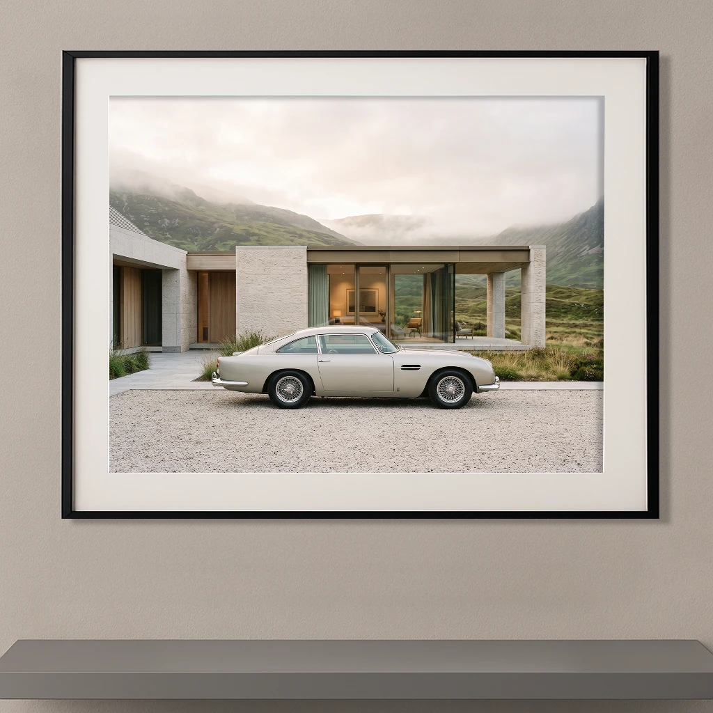 Aston Martin DB5 argent stationnée devant une villa contemporaine au cœur des Highlands écossais, photographie Fine Art.