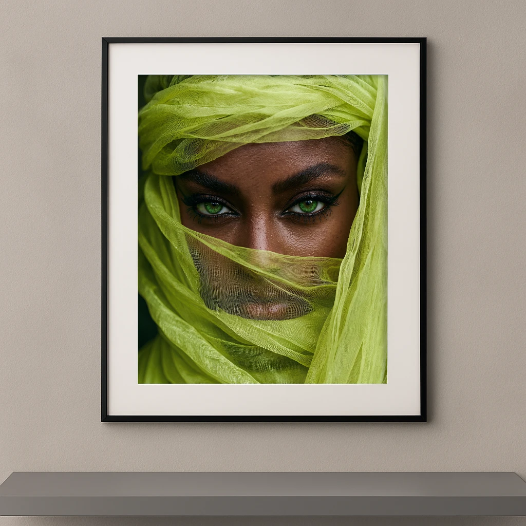 Portrait artistique d'un regard vert émeraude intense derrière un voile vert translucide dans un style photographique Fine Art contemporain.