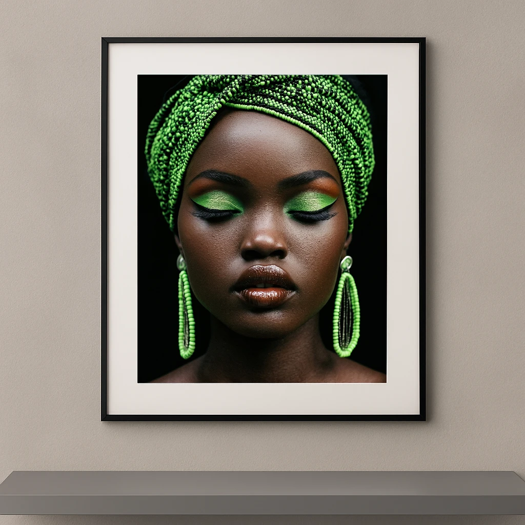 Portrait artistique d'une femme africaine portant un turban vert émeraude, un maquillage vert intense et de grandes boucles d'oreilles sur fond noir.