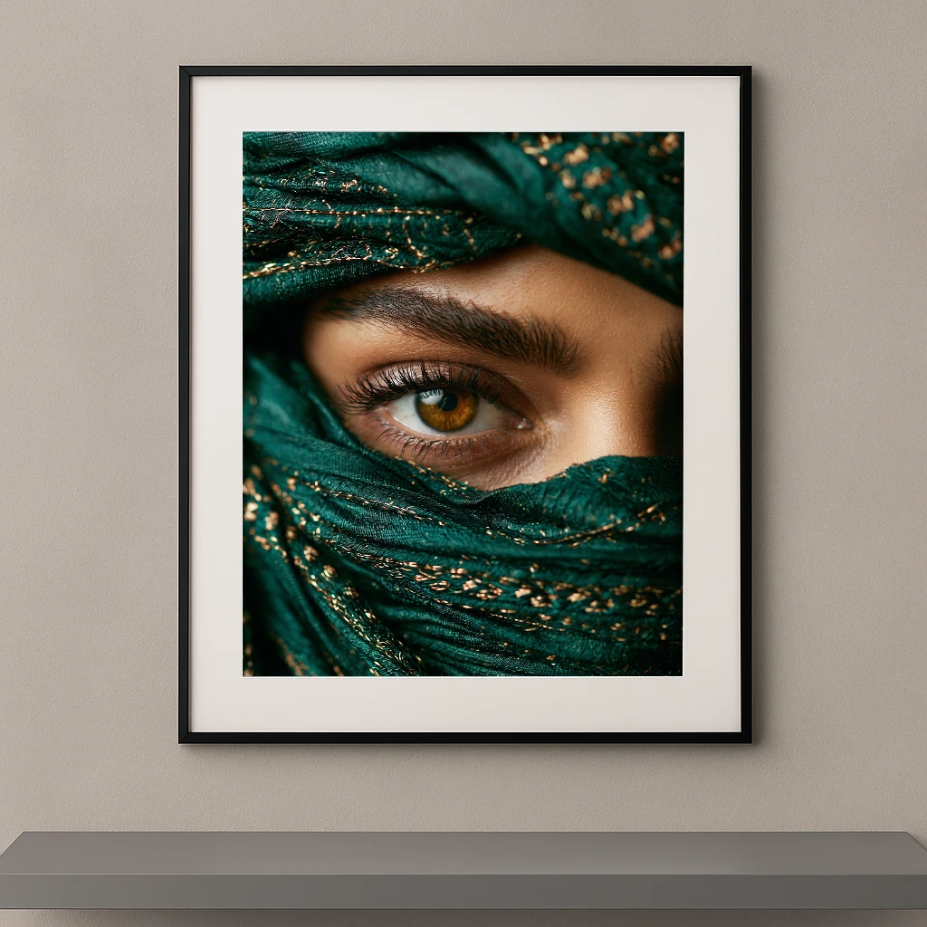 Portrait artistique d'un regard ambré apparaissant derrière un voile vert émeraude brodé de fils dorés dans un style photographique contemporain.