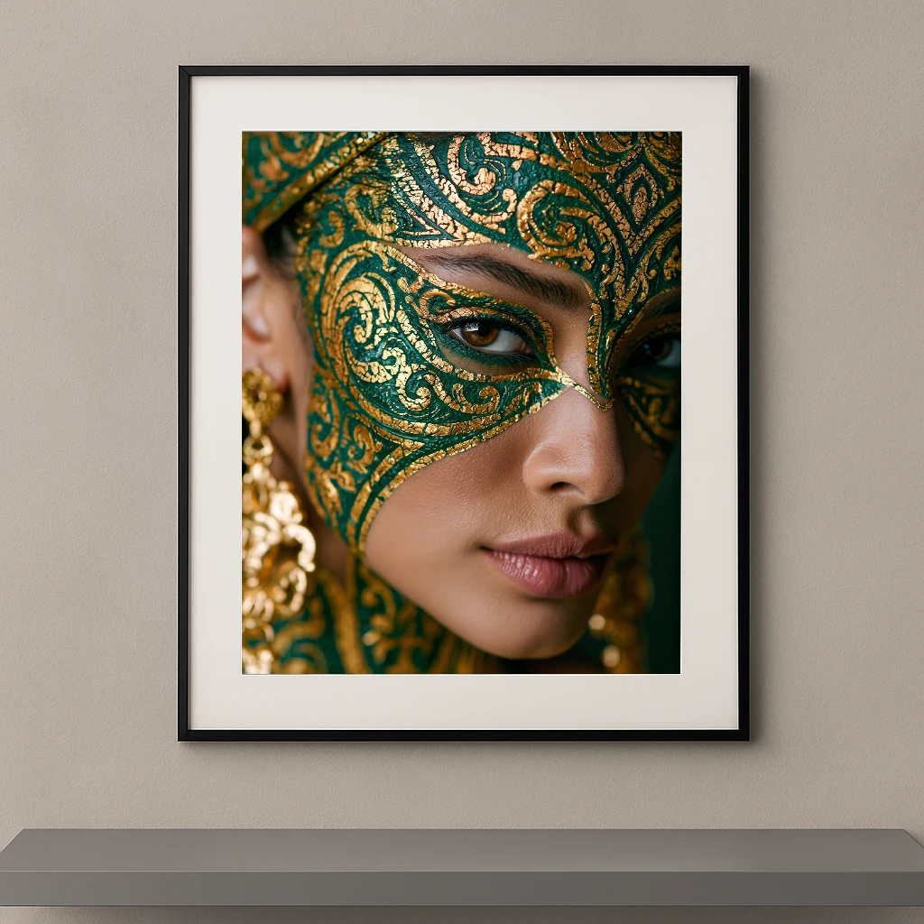 Portrait artistique d'une femme portant un masque vénitien vert émeraude et or aux motifs baroques raffinés.