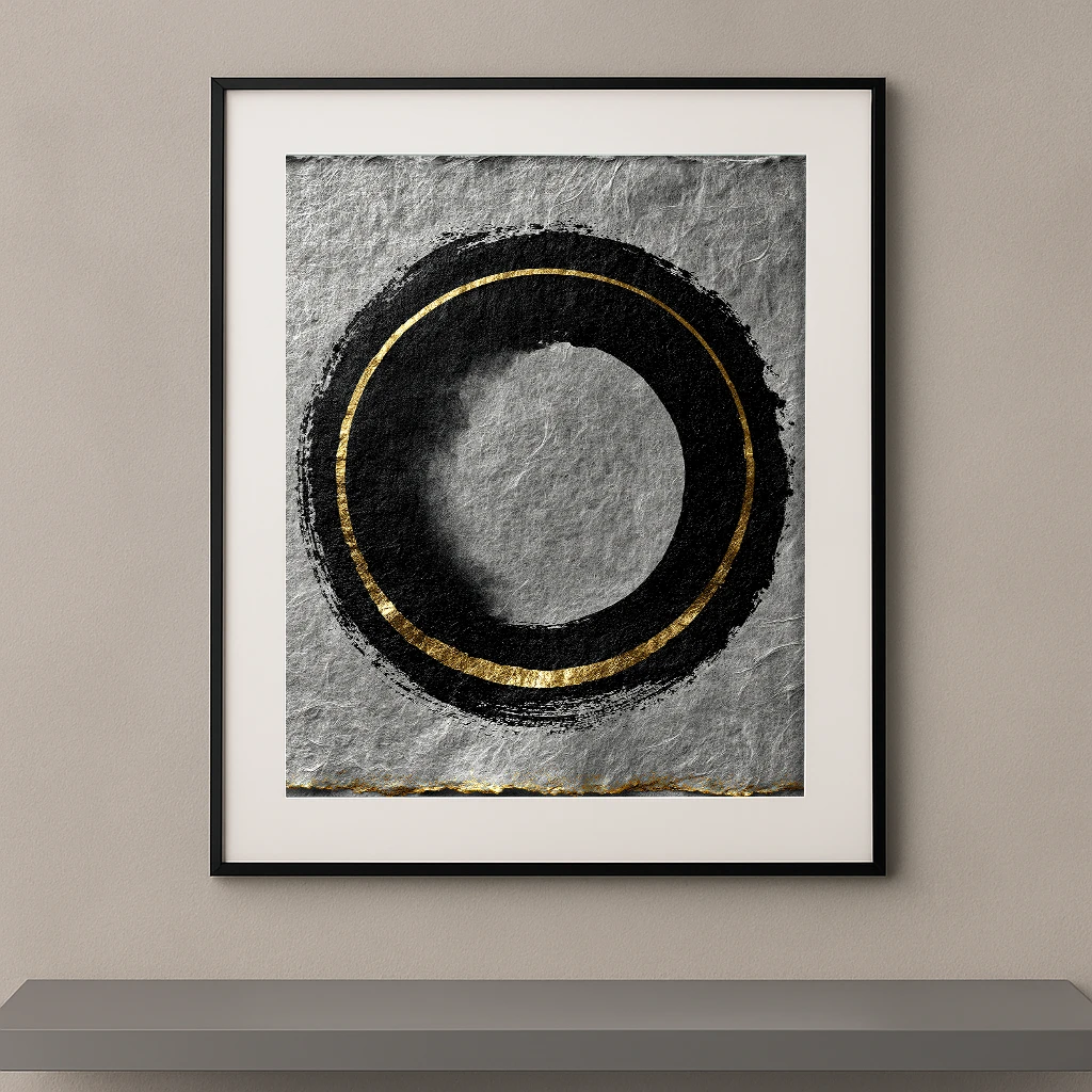 Tableau zen Enso Doré représentant un cercle japonais noir avec une ligne dorée sur fond minéral gris, symbole d'équilibre, de méditation et de sérénité.
