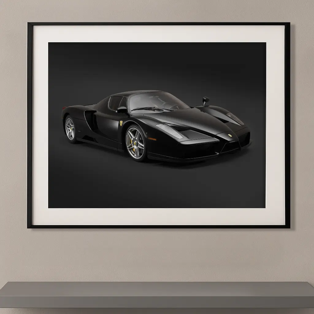 Tableau Ferrari Enzo noire sur fond noir minimaliste mettant en valeur les lignes aérodynamiques et le design emblématique de cette hypercar italienne.